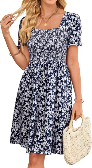 Naggoo Women's Summer Dresses Puff Short Sleeve Square Neck Casual Boho Floral Smocked A Line Flowy Beach Dresses