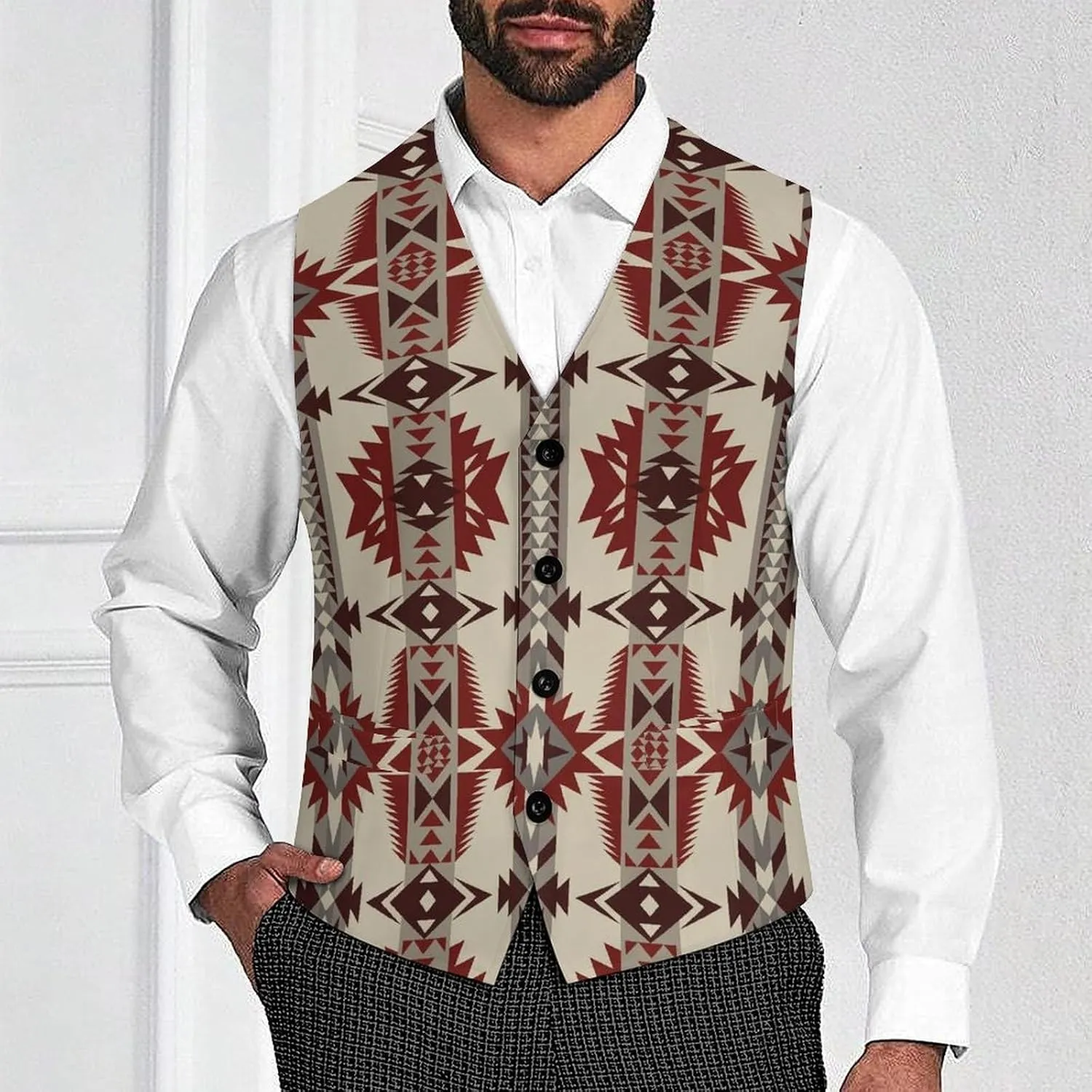Native Southwest American Indian Men's Suit Vest for Formal Business Casual Dress Tuxedo Waistcoat