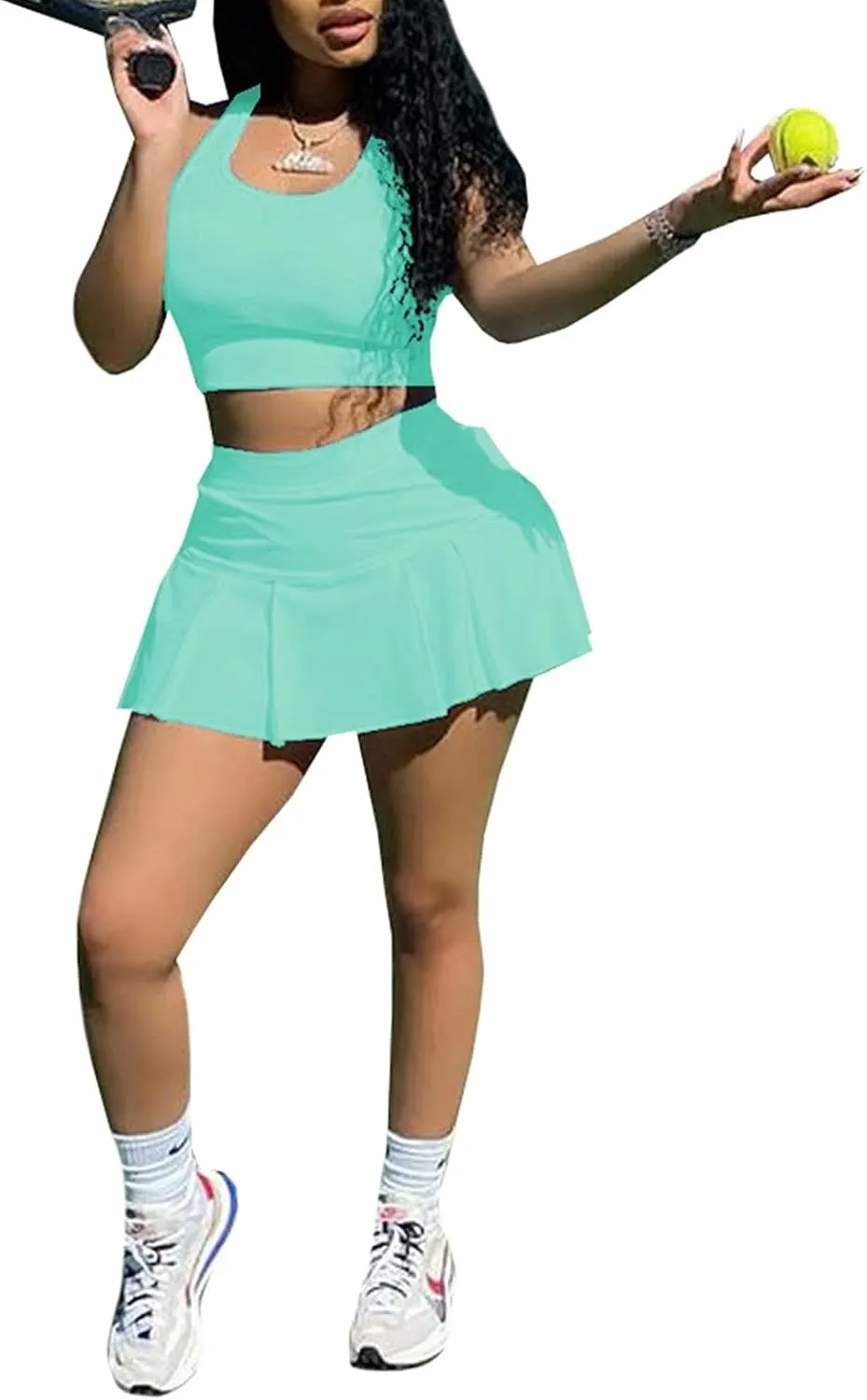 Neyaolk Womens Casual Outfits Athletic Activewear - Fitted Sleeveless Crop Top Pleated Tennis Skorts Skirts Set Tracksuit