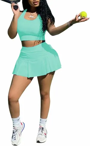 Neyaolk Womens Casual Outfits Athletic Activewear - Fitted Sleeveless Crop Top Pleated Tennis Skorts Skirts Set Tracksuit