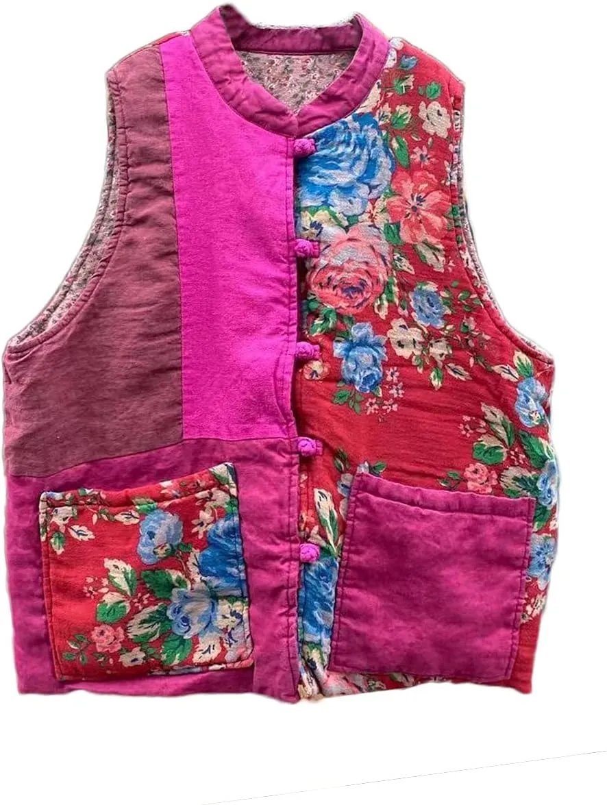 NFYM Women's Waistcoat Vest Gilet Vintage Floral Printed Patchwork Sleeveless Jacket Thin Padded Winter Outwear