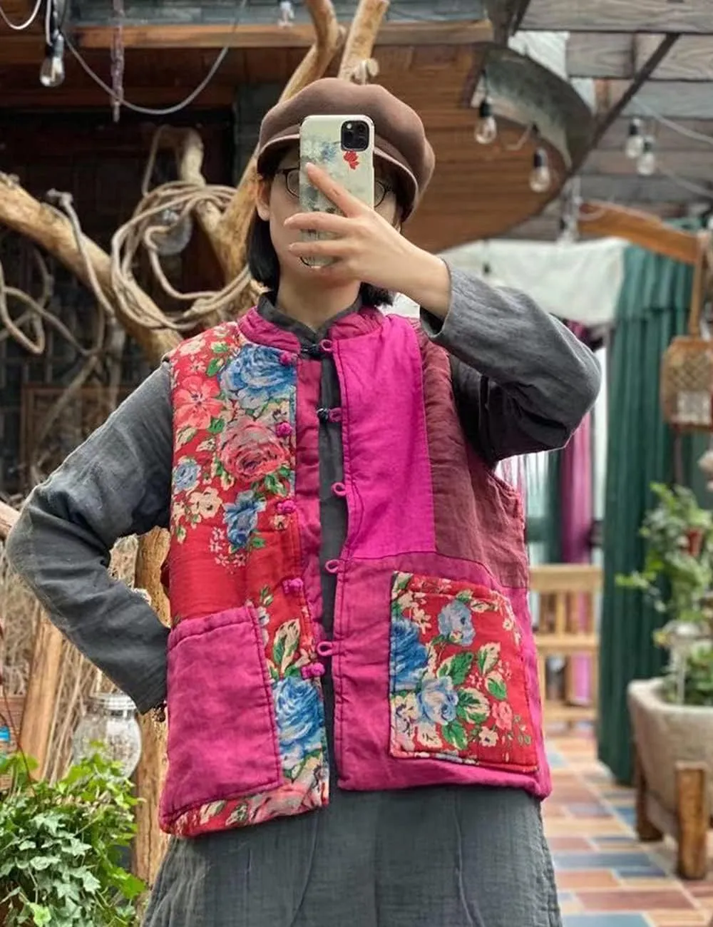 NFYM Women's Waistcoat Vest Gilet Vintage Floral Printed Patchwork Sleeveless Jacket Thin Padded Winter Outwear