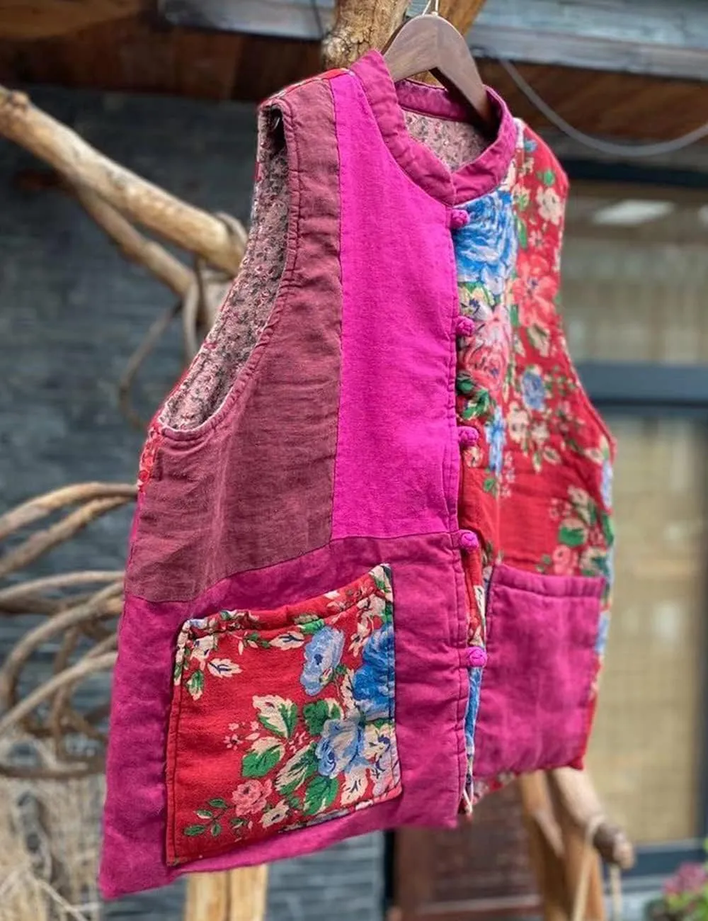 NFYM Women's Waistcoat Vest Gilet Vintage Floral Printed Patchwork Sleeveless Jacket Thin Padded Winter Outwear