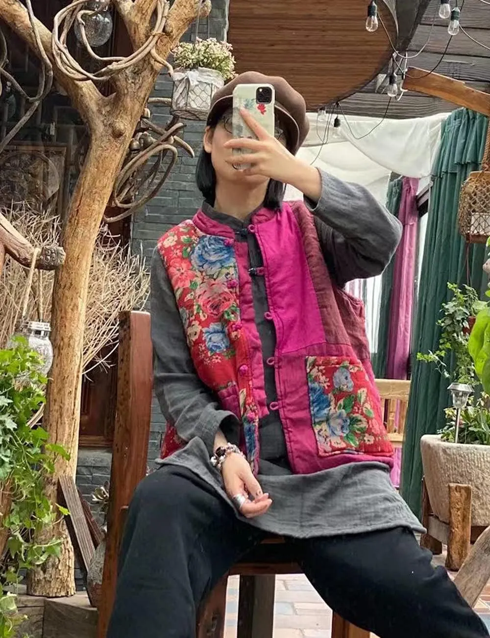 NFYM Women's Waistcoat Vest Gilet Vintage Floral Printed Patchwork Sleeveless Jacket Thin Padded Winter Outwear