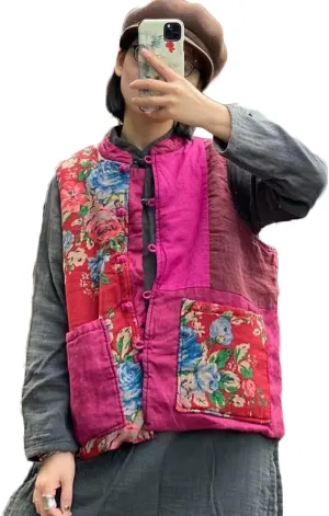 NFYM Women's Waistcoat Vest Gilet Vintage Floral Printed Patchwork Sleeveless Jacket Thin Padded Winter Outwear