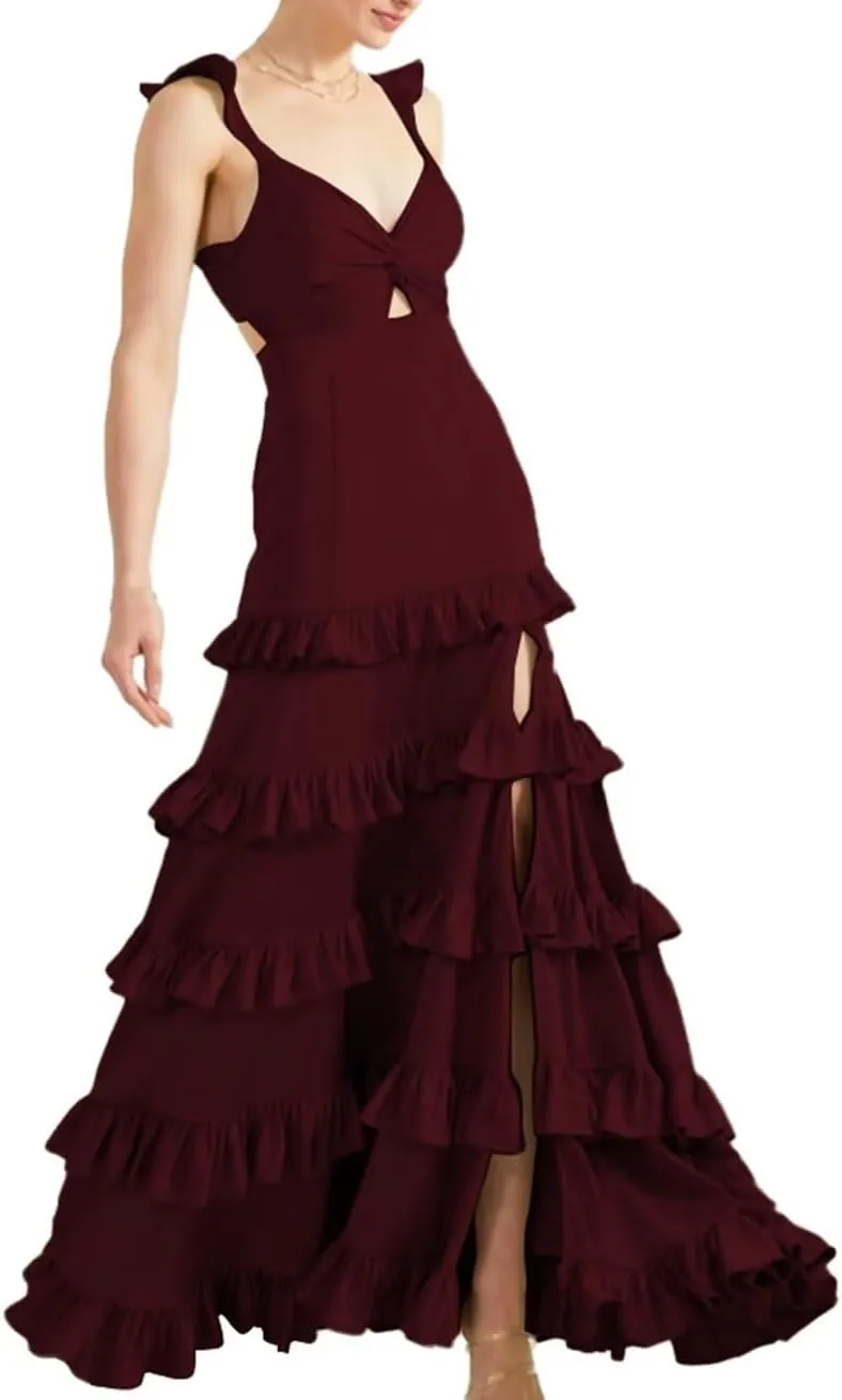 NLQ Tiered Satin Prom Dresses for Women Spaghetti Straps Ruffles Formal Bridesmaid Evening Gown Slit JYH38