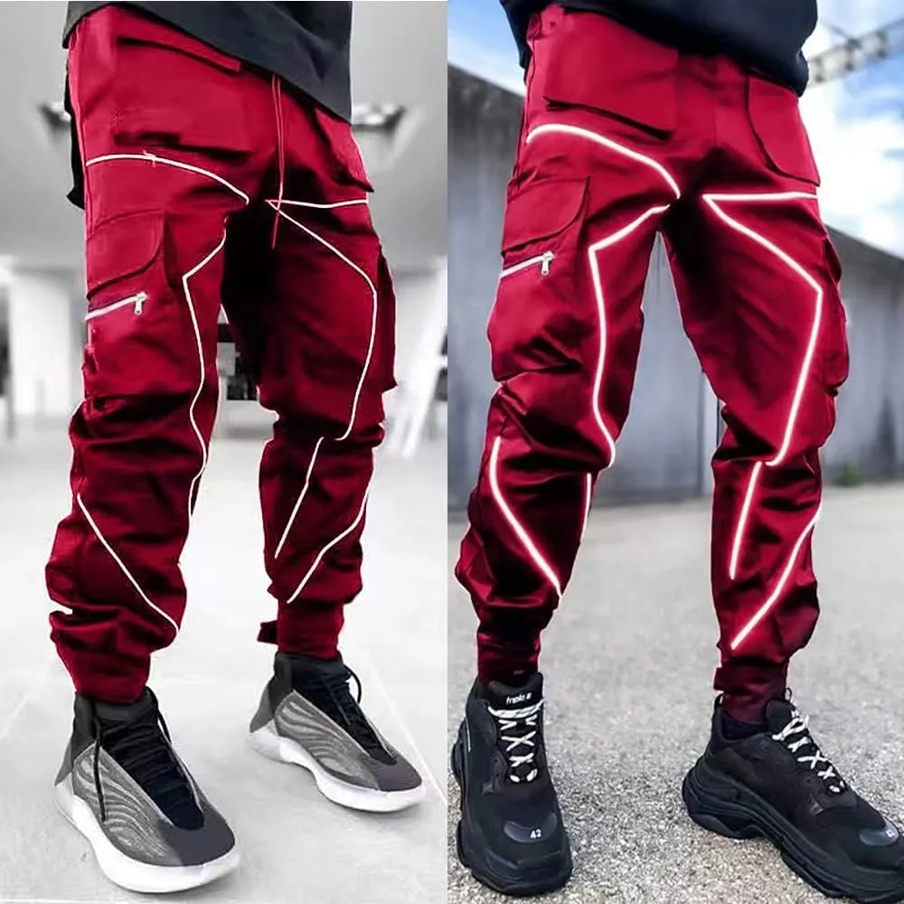 Nutriangee Men's Punk Rock Street Harem Pants, Reflective Technical Hip Hop Jogger Sport Pants