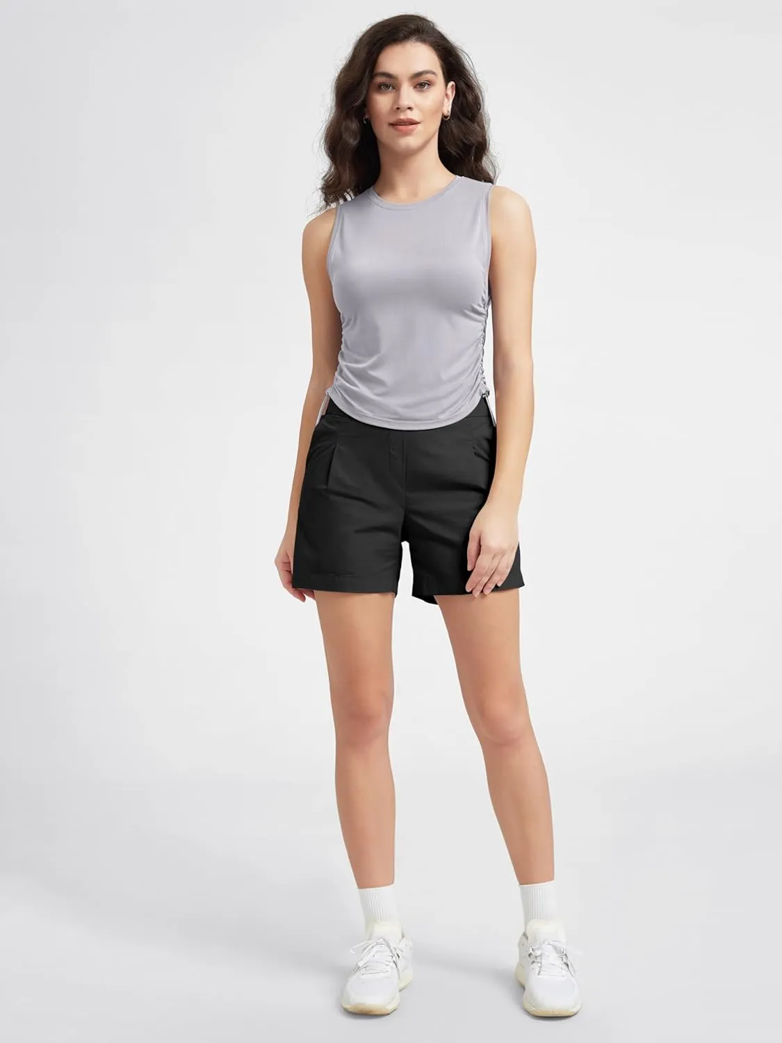 ODODOS Women's Side Ruched Muscle Tee PeachSoft Sleeveless Shirts Crew Neck Tank Tops