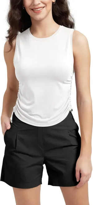 ODODOS Women's Side Ruched Muscle Tee PeachSoft Sleeveless Shirts Crew Neck Tank Tops
