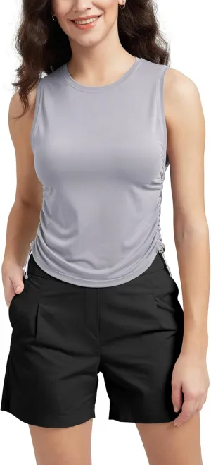 ODODOS Women's Side Ruched Muscle Tee PeachSoft Sleeveless Shirts Crew Neck Tank Tops