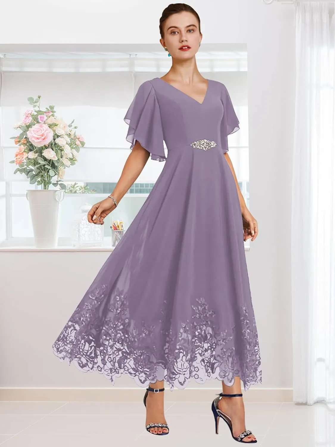 OFEECHUN Women's V Neck Chiffon Mother of The Bride Dresses for Wedding Tea Length Lace Formal Dress with Sleeves