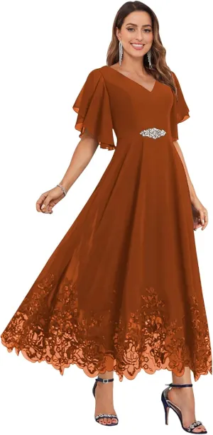 OFEECHUN Women's V Neck Chiffon Mother of The Bride Dresses for Wedding Tea Length Lace Formal Dress with Sleeves