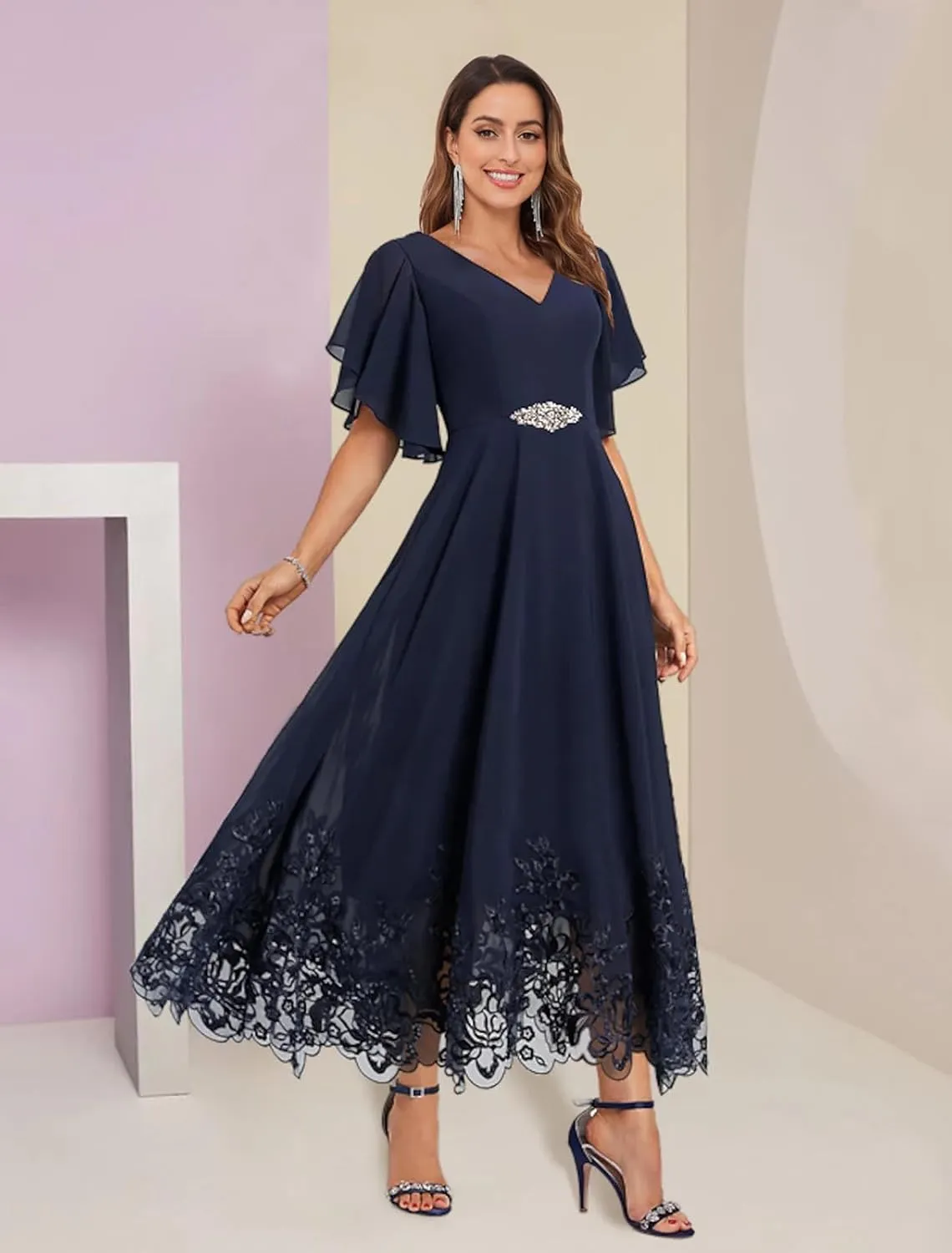 OFEECHUN Women's V Neck Chiffon Mother of The Bride Dresses for Wedding Tea Length Lace Formal Dress with Sleeves