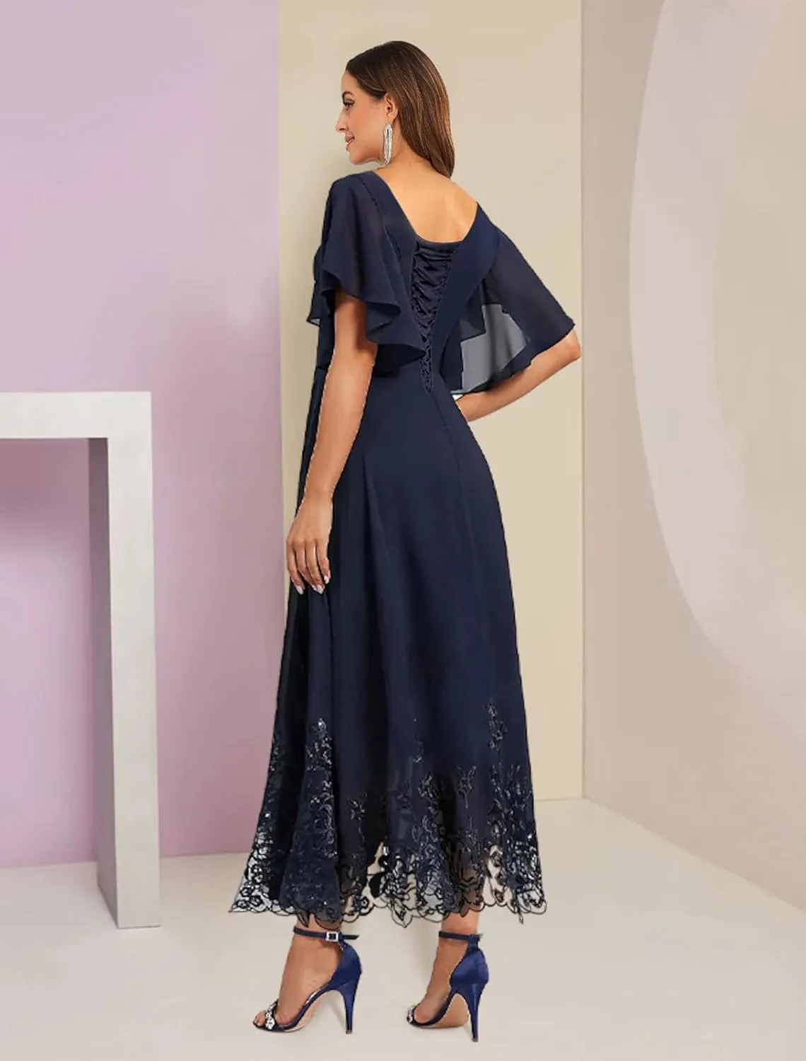 OFEECHUN Women's V Neck Chiffon Mother of The Bride Dresses for Wedding Tea Length Lace Formal Dress with Sleeves