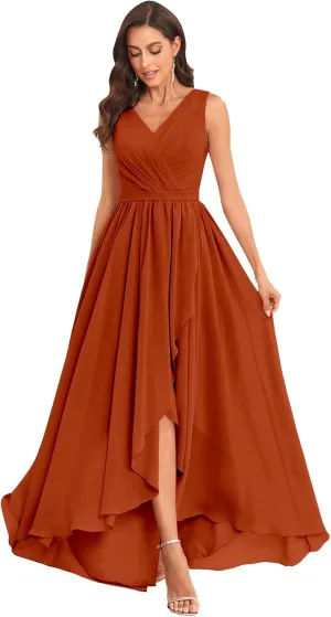 OFEYCHUN Women's High Low Chiffon Bridesmaids Dresses V Neck Pleated A Line Formal Party Dress