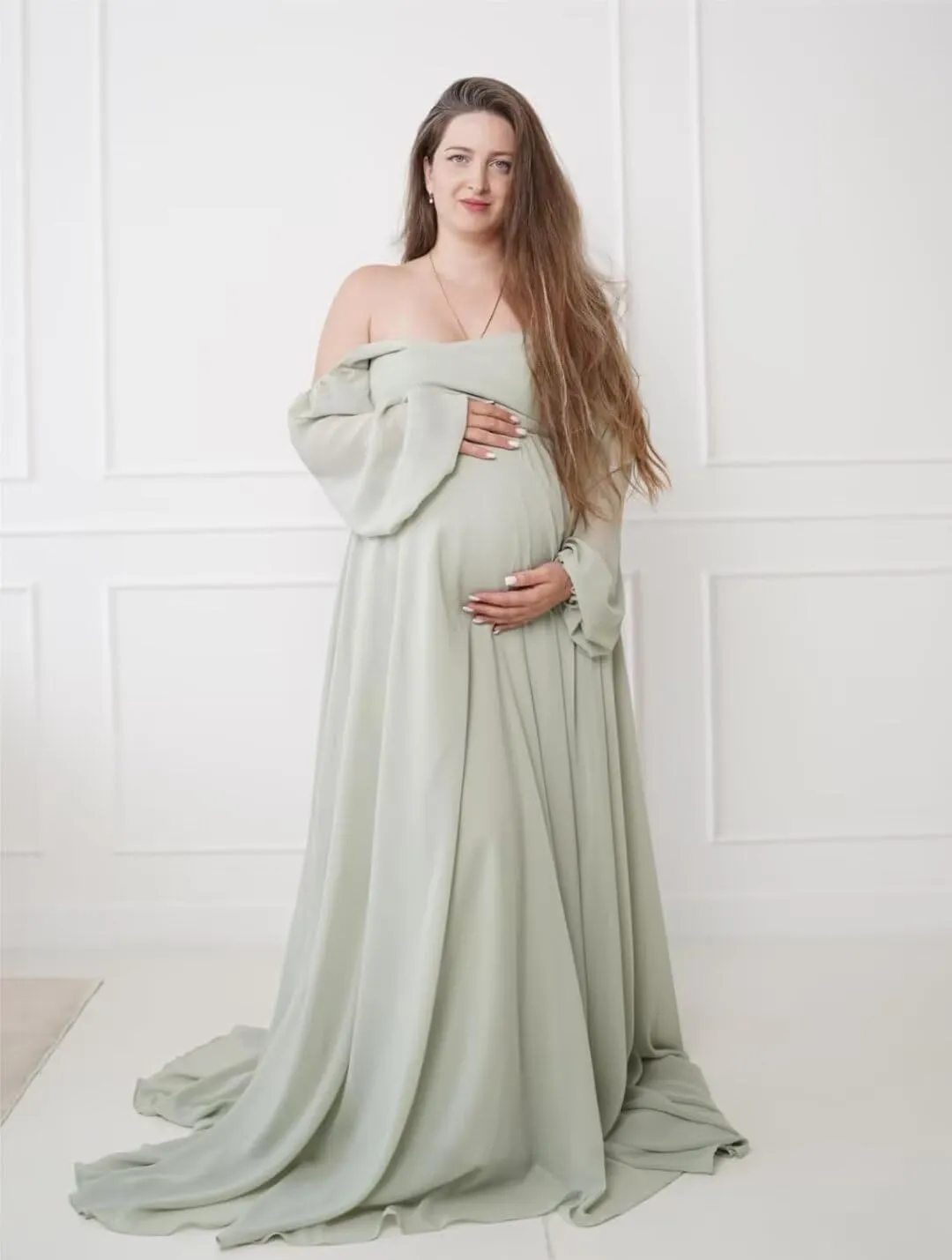Off Shoulder Maternity Dress V Neck Chiffon Pregnancy Dresses for Women A Line Maternity Dress for Wedding