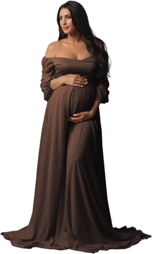 Off Shoulder Maternity Dress V Neck Chiffon Pregnancy Dresses for Women A Line Maternity Dress for Wedding