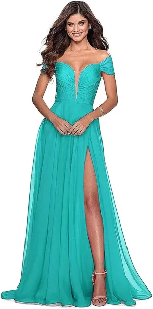 Off The Shoulder Bridesmaid Dress with Slit V Neck Formal Prom Dress Chiffon A Line Evening Gowns for Women Turquoise US22W