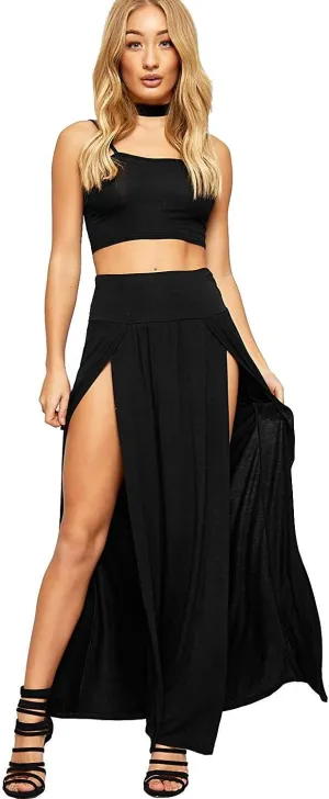 OgLuxe Womens Double Split Maxi Long Skirt Ladies Plain Basic Two Side Slit 4-22