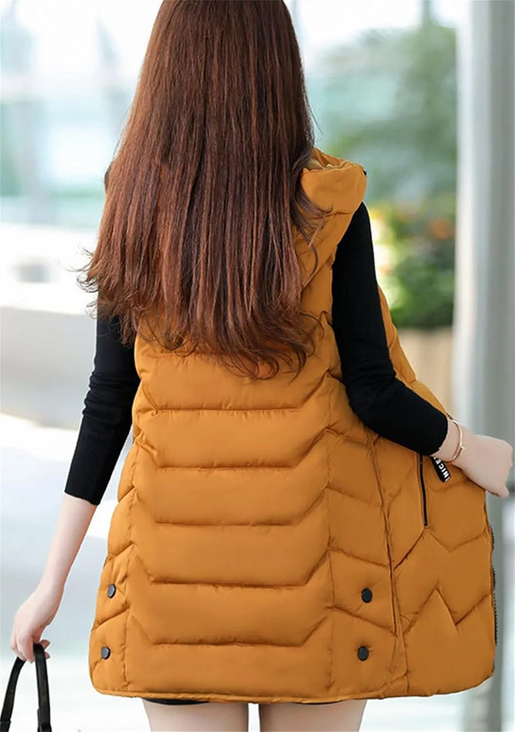 OMZIN Women's Winter Long Puffer Vest Zip up Slim Vest Lightweight Hooded Warm Down Cotton Vest