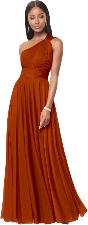 One Shoulder Bridesmaid Dresses for Women A Line Pleated Chiffon Long Formal Wedding Guest Dress with Pockets