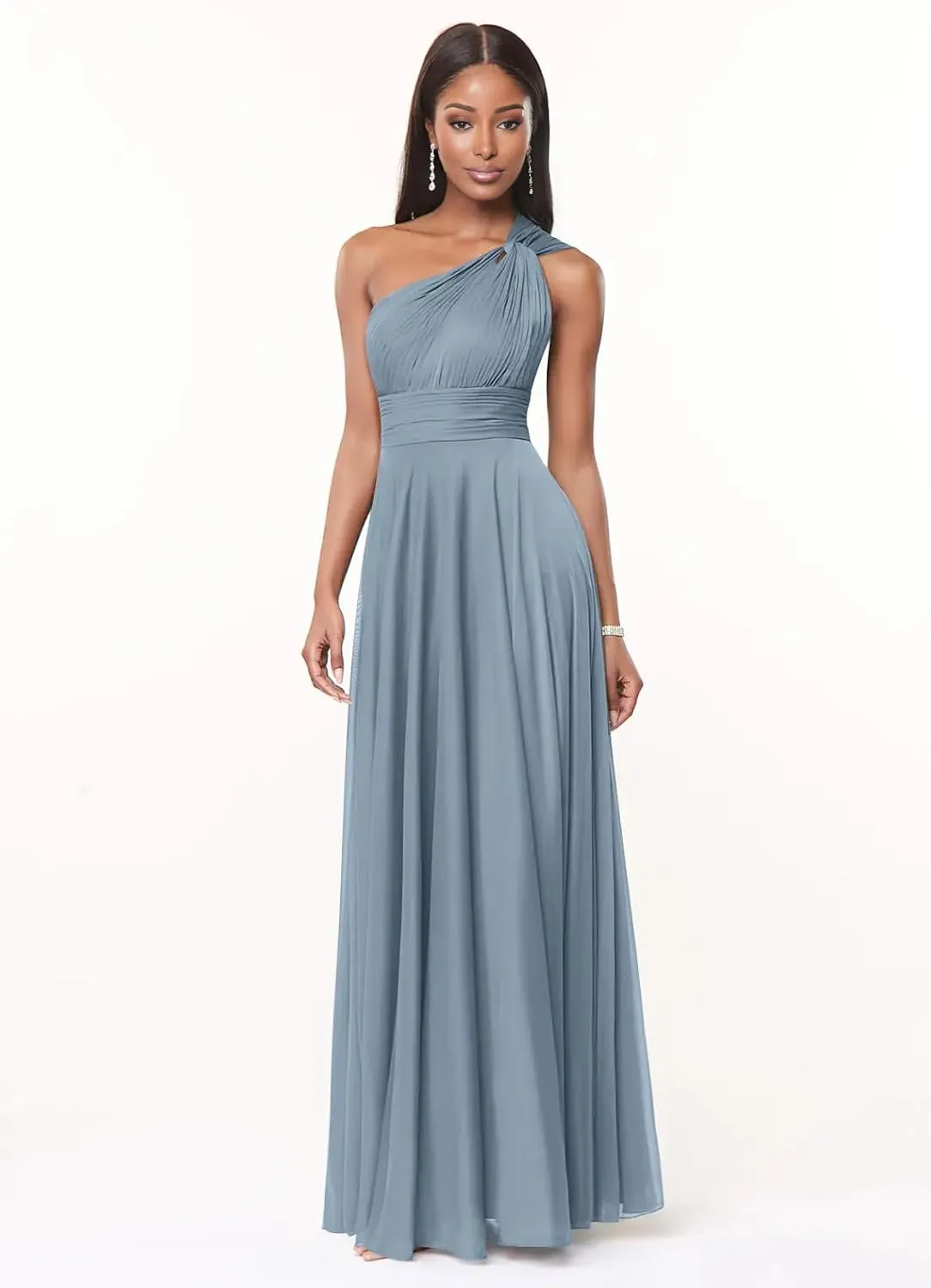 One Shoulder Bridesmaid Dresses for Women A Line Pleated Chiffon Long Formal Wedding Guest Dress with Pockets