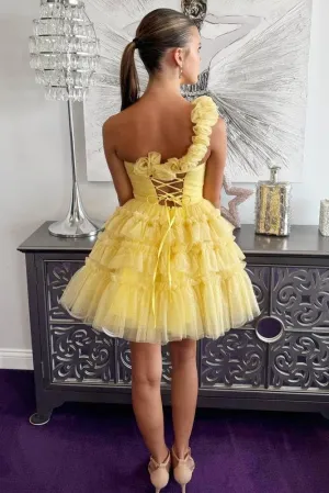 One Shoulder V Neck Homecoming Dresses Ruffle Tulle Short Prom Dress for Teens 3D Floral Appliques Princess Gowns