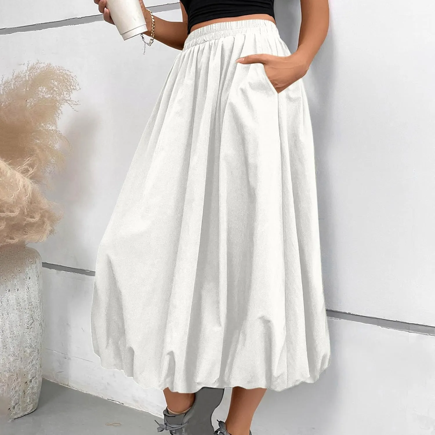 Oplxuo Women Bubble Maxi Skirt Elastic High Waisted Flowy A Line Long Puff Skirts Ruffle Hem Balloon Skirts with Pockets