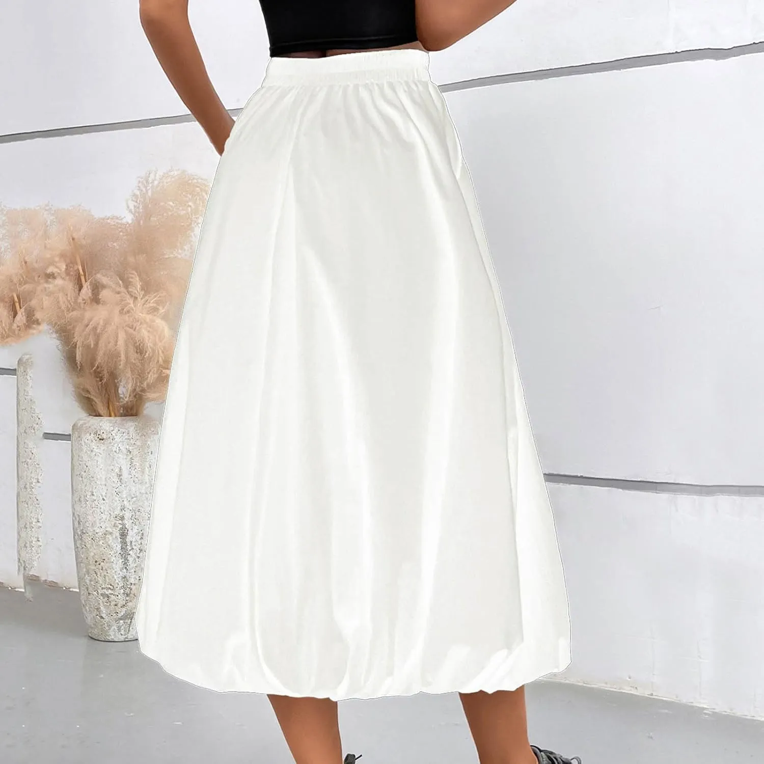 Oplxuo Women Bubble Maxi Skirt Elastic High Waisted Flowy A Line Long Puff Skirts Ruffle Hem Balloon Skirts with Pockets