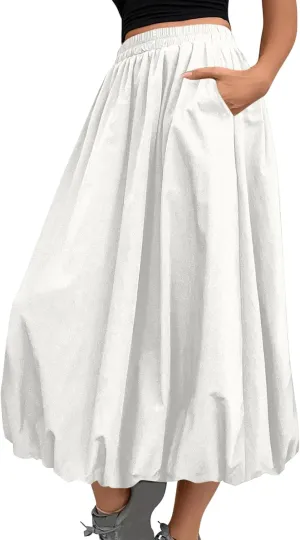 Oplxuo Women Bubble Maxi Skirt Elastic High Waisted Flowy A Line Long Puff Skirts Ruffle Hem Balloon Skirts with Pockets