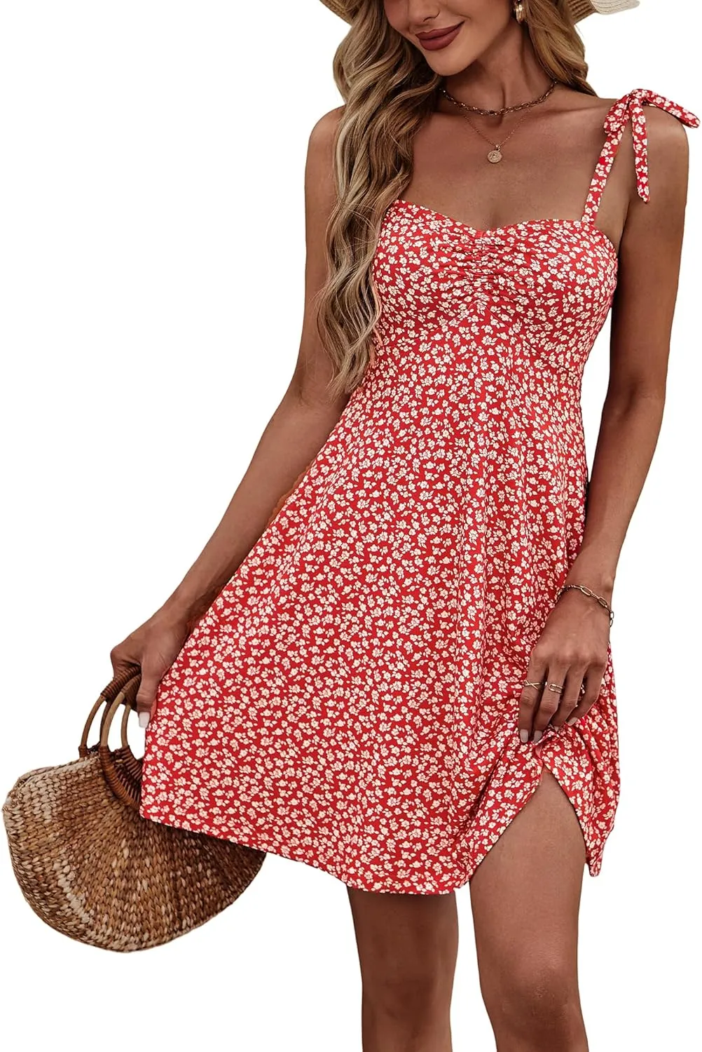 OURIN Women's Spring Sweetheart Neckline Tie Strap Summer Sundresses Sleeveless Mini Dress with Pockets