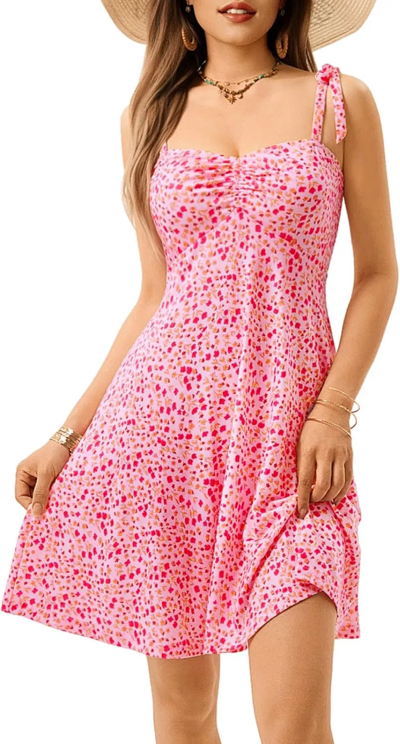 OURIN Women's Spring Sweetheart Neckline Tie Strap Summer Sundresses Sleeveless Mini Dress with Pockets