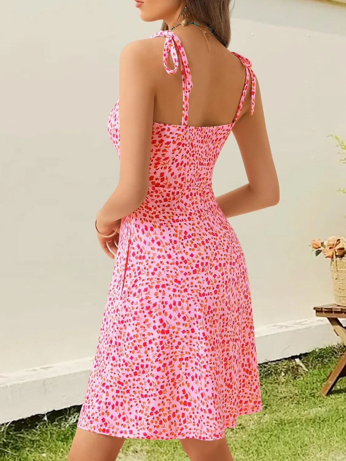 OURIN Women's Spring Sweetheart Neckline Tie Strap Summer Sundresses Sleeveless Mini Dress with Pockets
