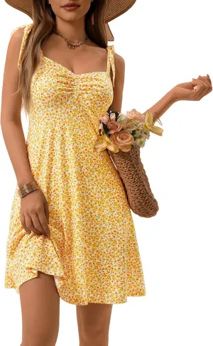 OURIN Women's Spring Sweetheart Neckline Tie Strap Summer Sundresses Sleeveless Mini Dress with Pockets