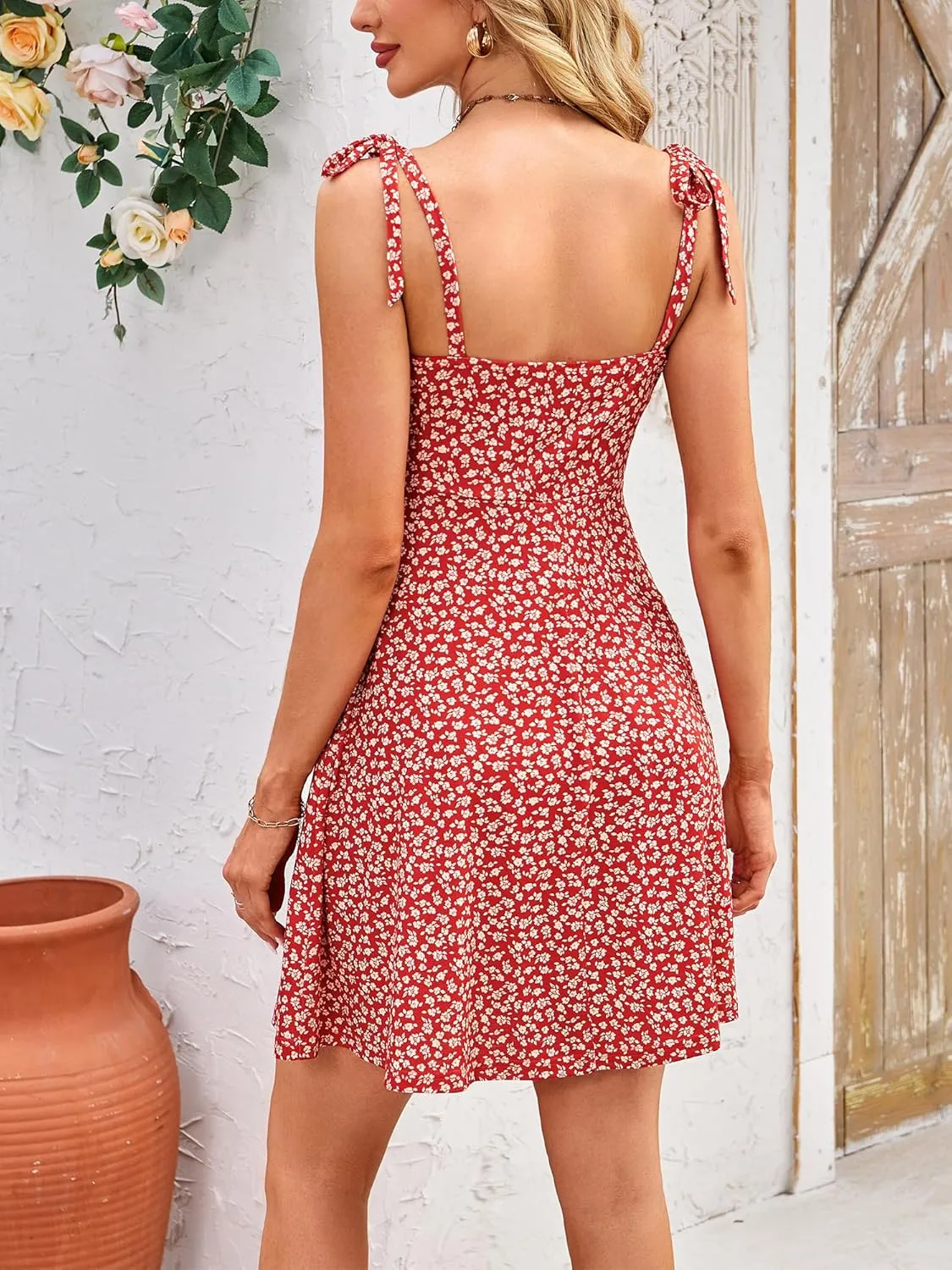 OURIN Women's Spring Sweetheart Neckline Tie Strap Summer Sundresses Sleeveless Mini Dress with Pockets