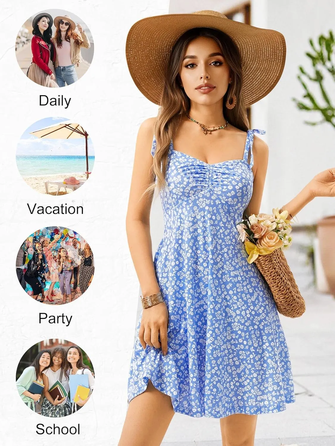OURIN Women's Spring Sweetheart Neckline Tie Strap Summer Sundresses Sleeveless Mini Dress with Pockets