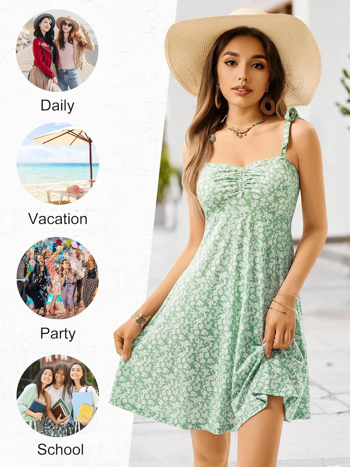OURIN Women's Spring Sweetheart Neckline Tie Strap Summer Sundresses Sleeveless Mini Dress with Pockets