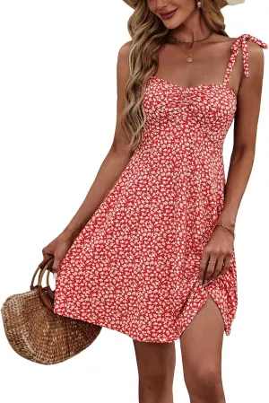 OURIN Women's Spring Sweetheart Neckline Tie Strap Summer Sundresses Sleeveless Mini Dress with Pockets