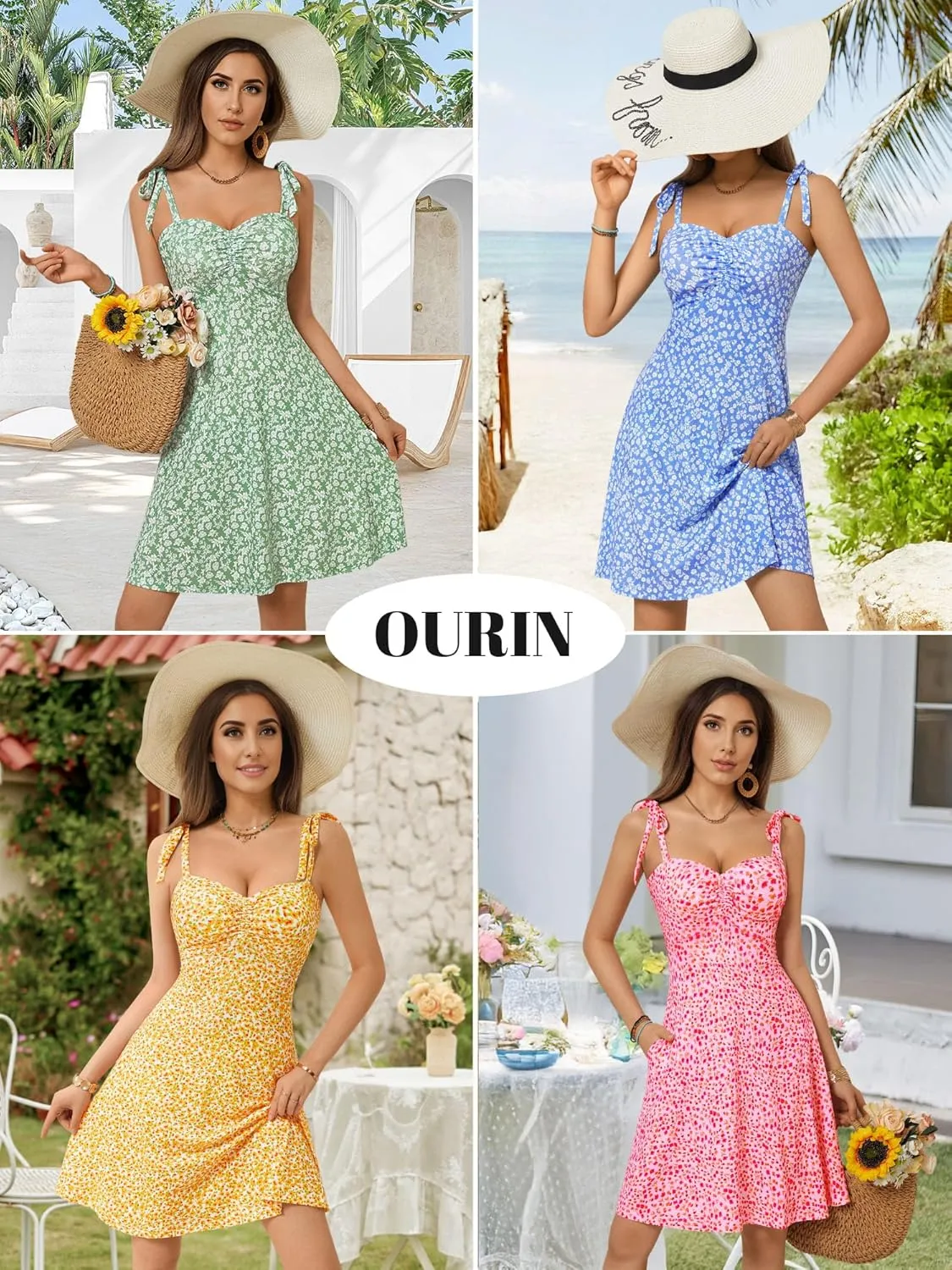 OURIN Women's Spring Sweetheart Neckline Tie Strap Summer Sundresses Sleeveless Mini Dress with Pockets