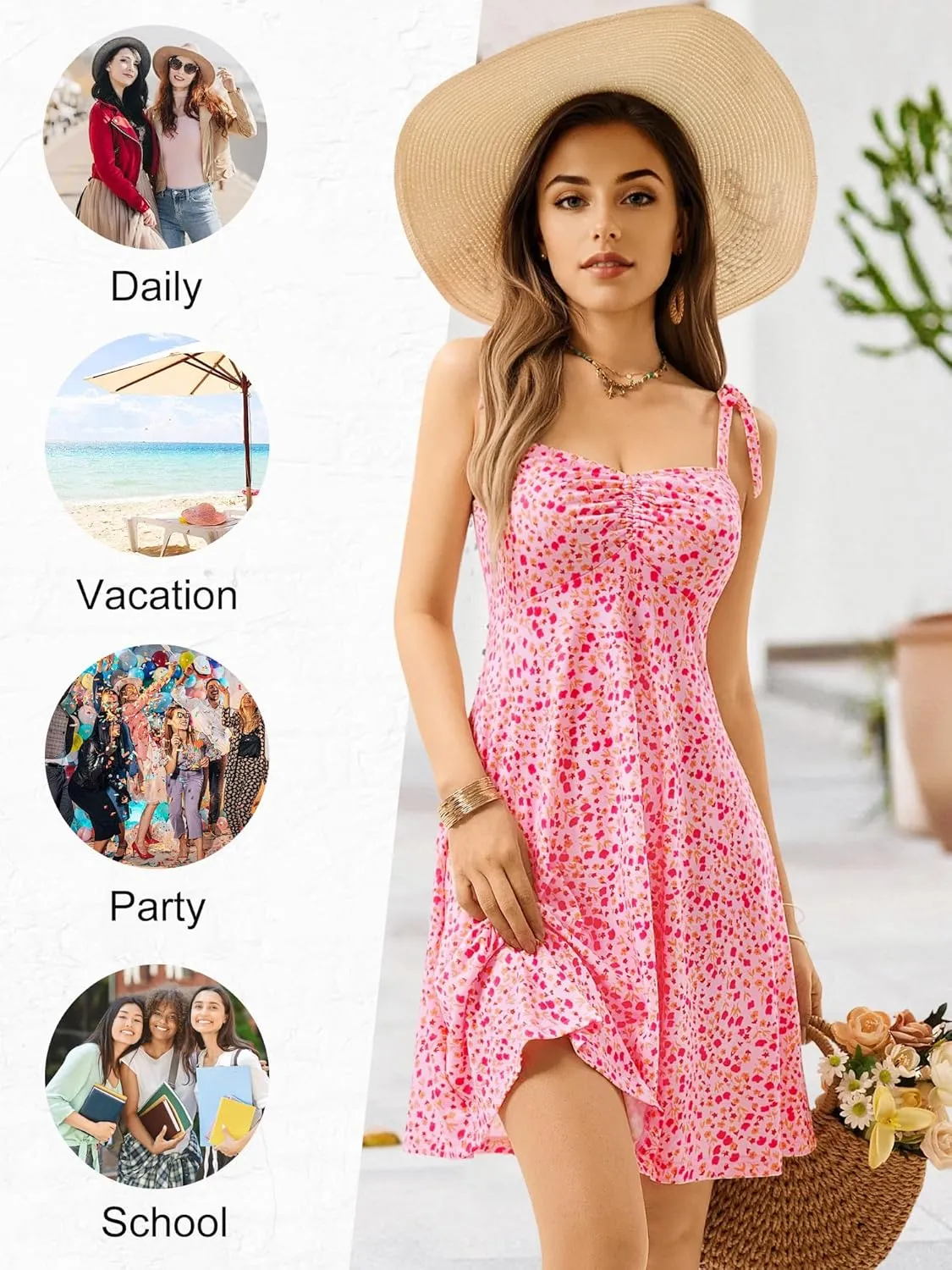 OURIN Women's Spring Sweetheart Neckline Tie Strap Summer Sundresses Sleeveless Mini Dress with Pockets