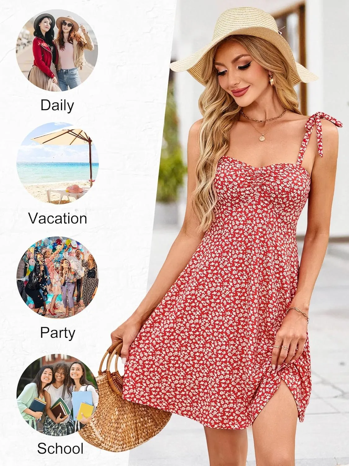 OURIN Women's Spring Sweetheart Neckline Tie Strap Summer Sundresses Sleeveless Mini Dress with Pockets