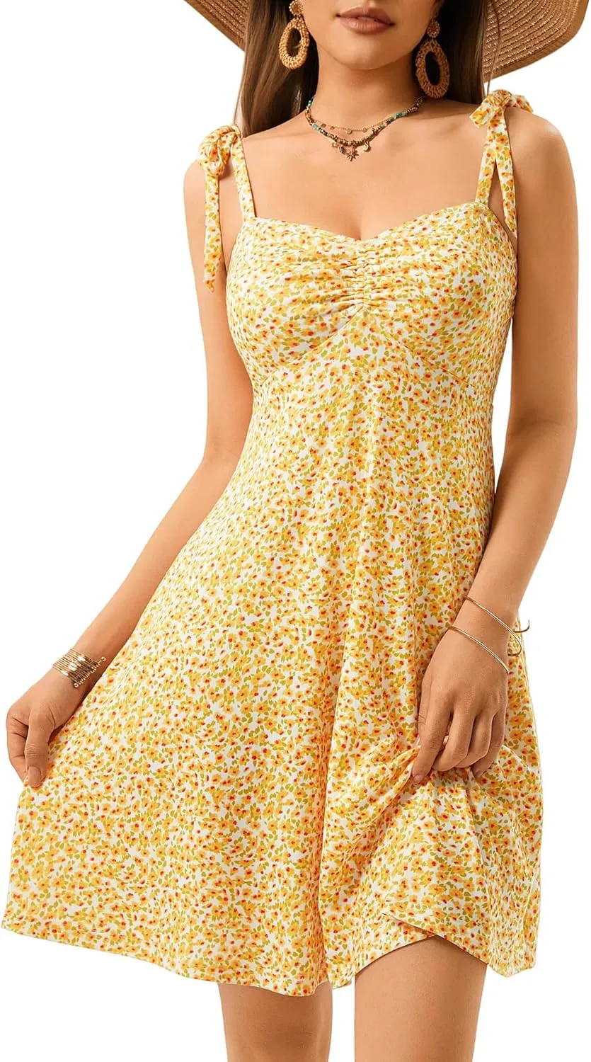 OURIN Women's Spring Sweetheart Neckline Tie Strap Summer Sundresses Sleeveless Mini Dress with Pockets