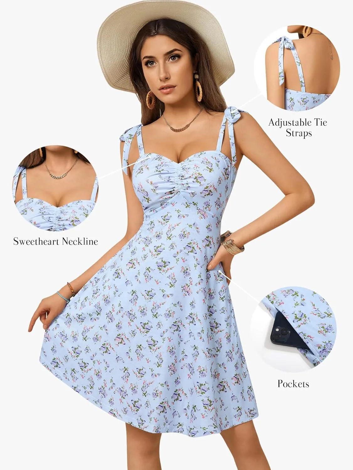 OURIN Women's Spring Sweetheart Neckline Tie Strap Summer Sundresses Sleeveless Mini Dress with Pockets