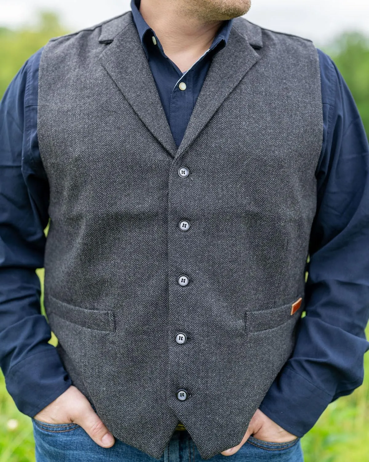 OUTBACK TRADING Men's Jessie Vest | Lightweight Button Down Wool Western Outdoor Vest with Adjustable Back Slide Belt