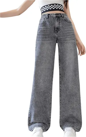 OYOANGLE Girl's Elastic Waist Wide Leg Jean Denim Pants Streetwear Long Pants with Pocket