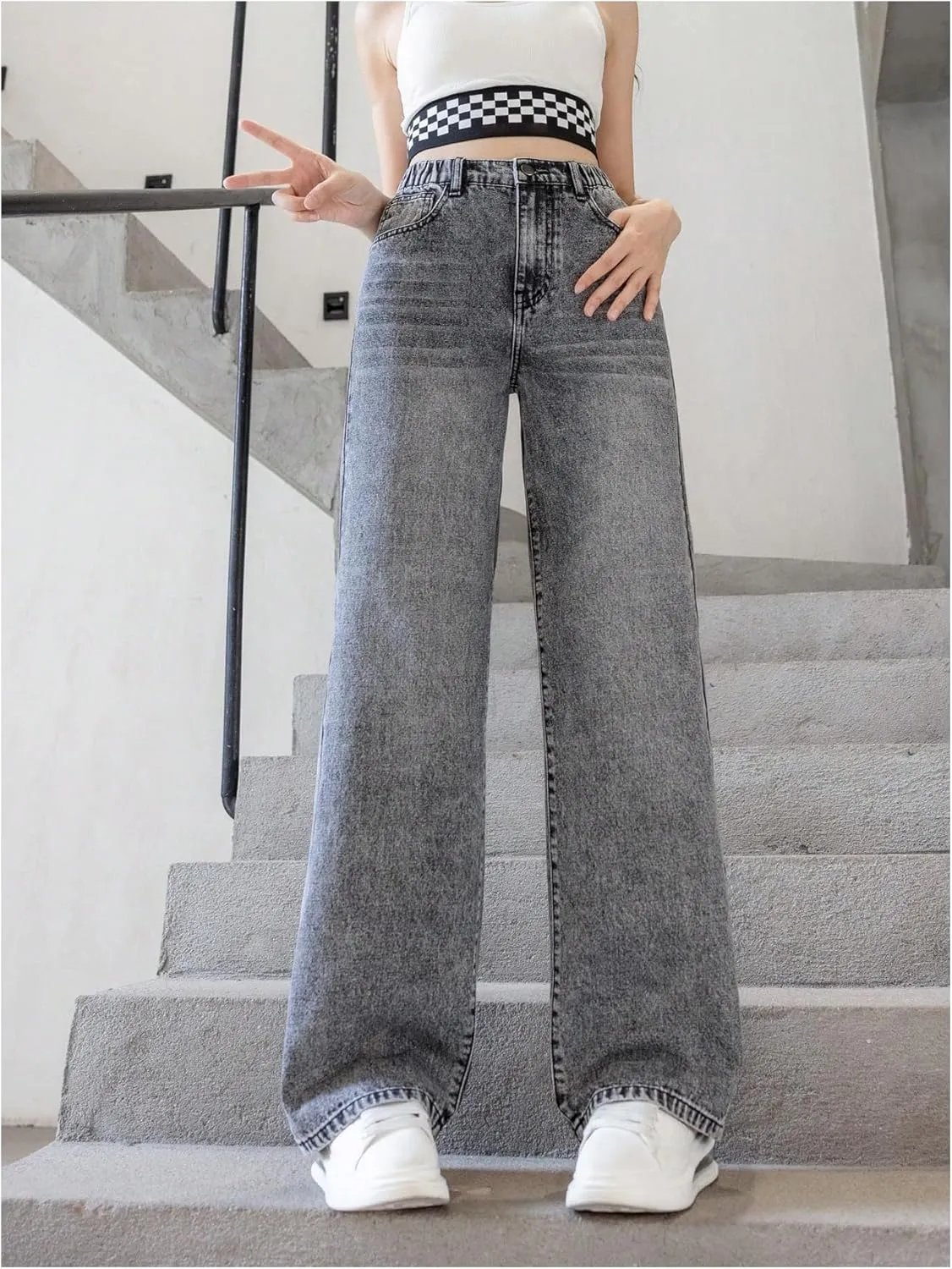 OYOANGLE Girl's Elastic Waist Wide Leg Jean Denim Pants Streetwear Long Pants with Pocket