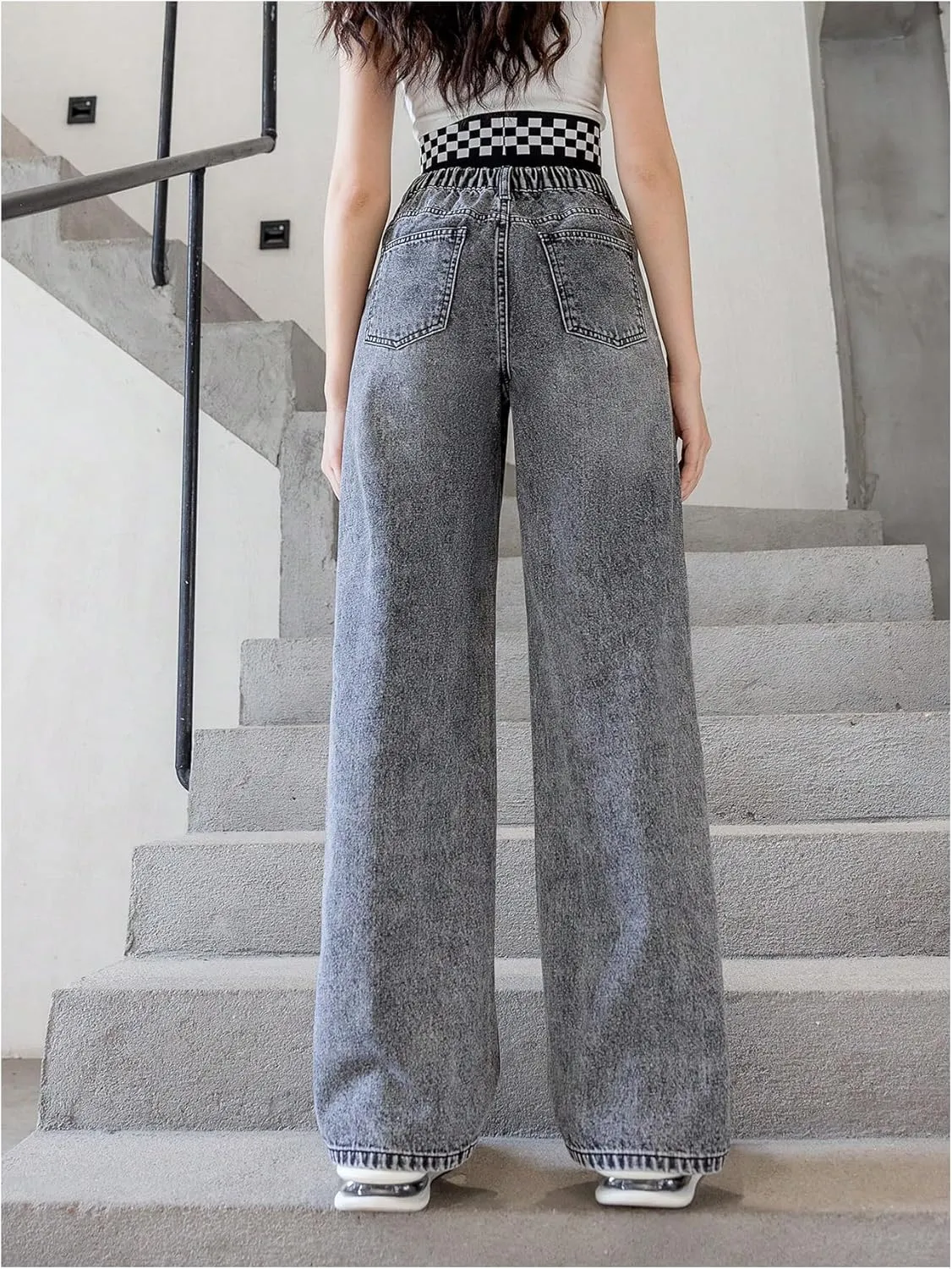 OYOANGLE Girl's Elastic Waist Wide Leg Jean Denim Pants Streetwear Long Pants with Pocket