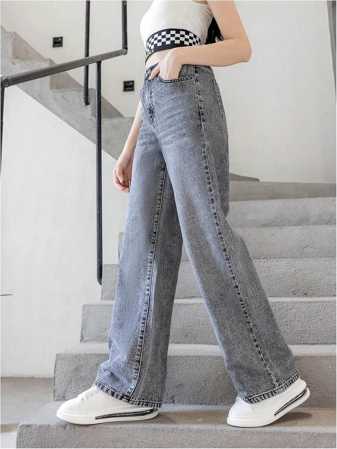 OYOANGLE Girl's Elastic Waist Wide Leg Jean Denim Pants Streetwear Long Pants with Pocket