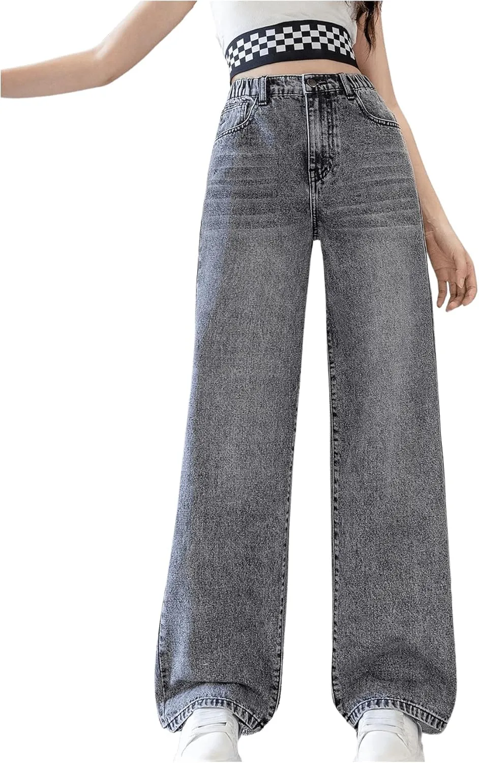 OYOANGLE Girl's Elastic Waist Wide Leg Jean Denim Pants Streetwear Long Pants with Pocket