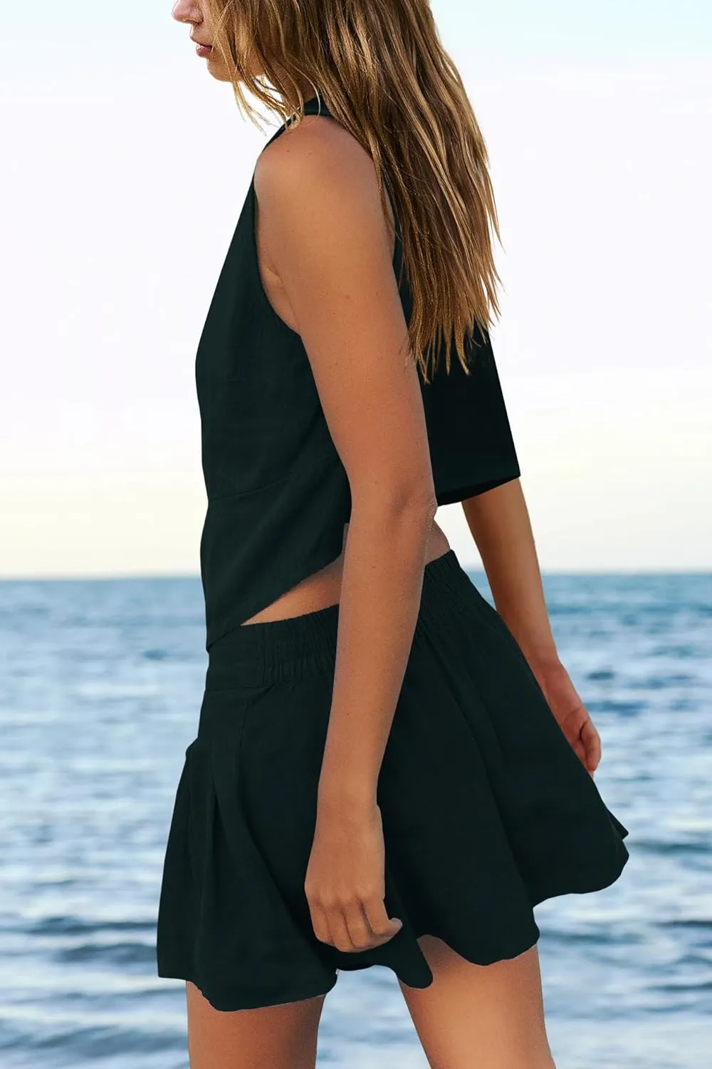 Panadila Womens 2 Piece Skirt Sets Beach Linen Set Tie Front Vest Top and Pleated Skirts Matching Outfits